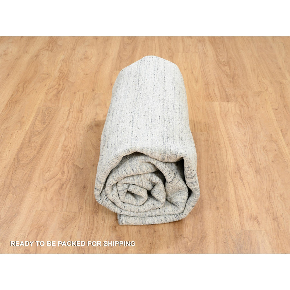 Ivory Hand Loomed Plain Modern Striped Design Organic Wool Round Rug, 10'x10'