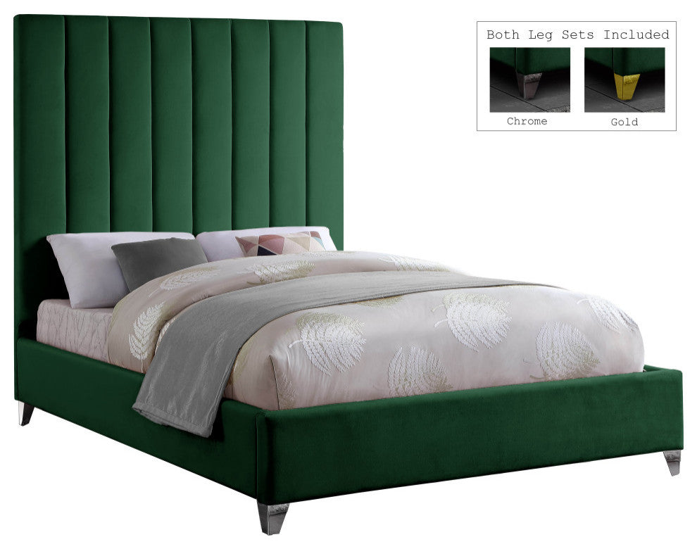 Via Velvet Upholstered Bed, Green, Queen