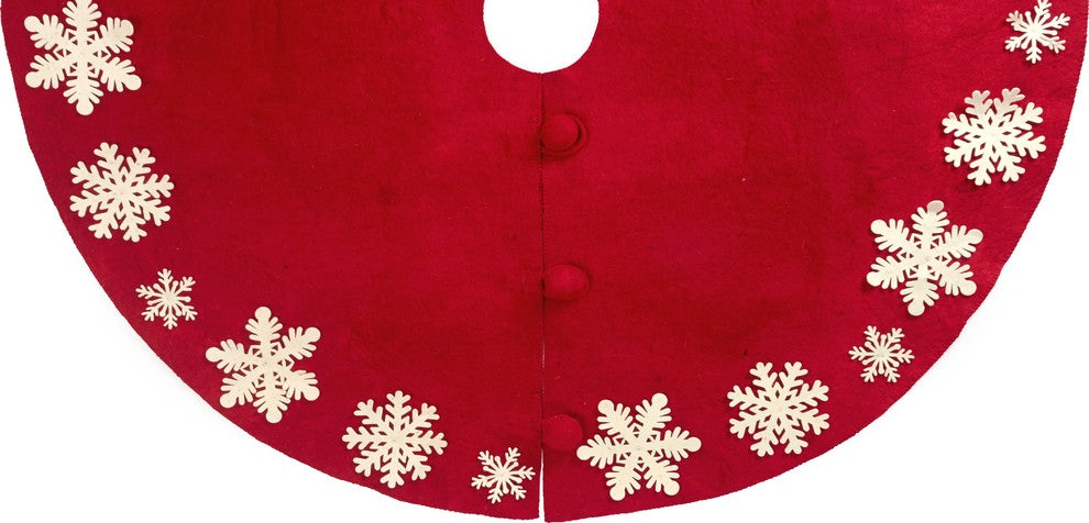Hand Felted Wool Christmas Tree Skirt - Red with Cream Tacked Snowflakes - 60"