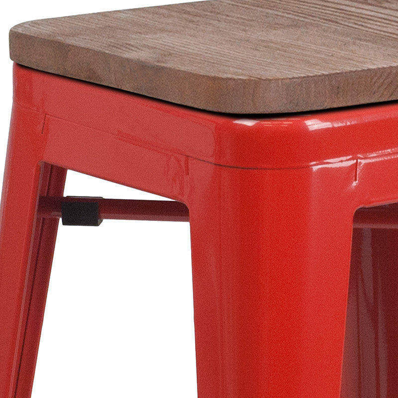 24" High Backless Red Metal Counter Height Stool With Square Wood Seat