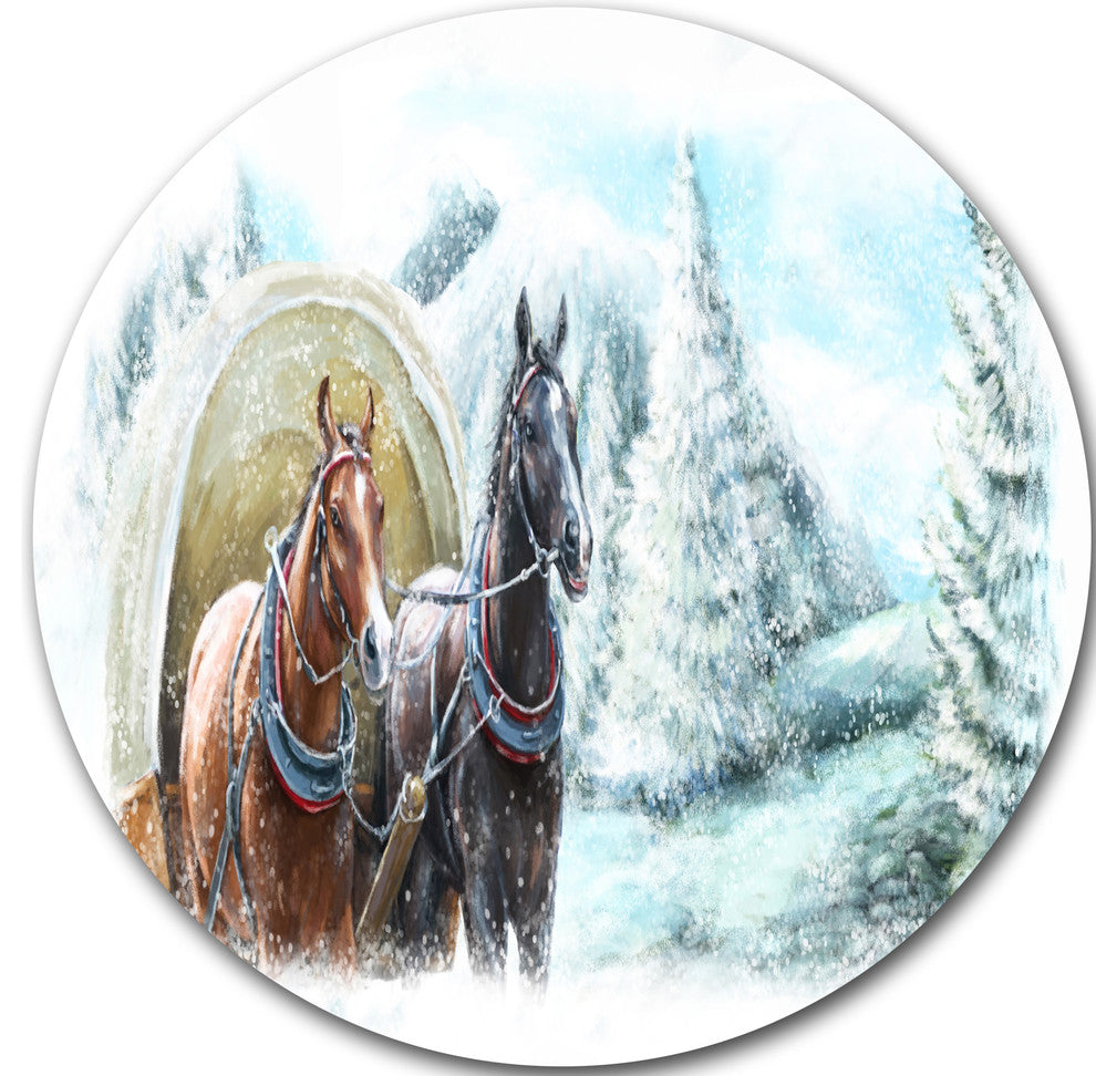 Painted Scene With Horses In Winter, Landscape Disc Metal Artwork, 23"