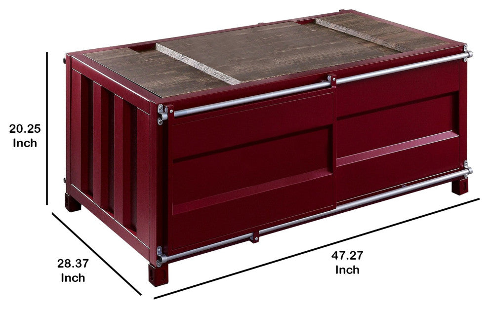 Benzara BM233957 Container Style Coffee Table With Sliding Doors, Red
