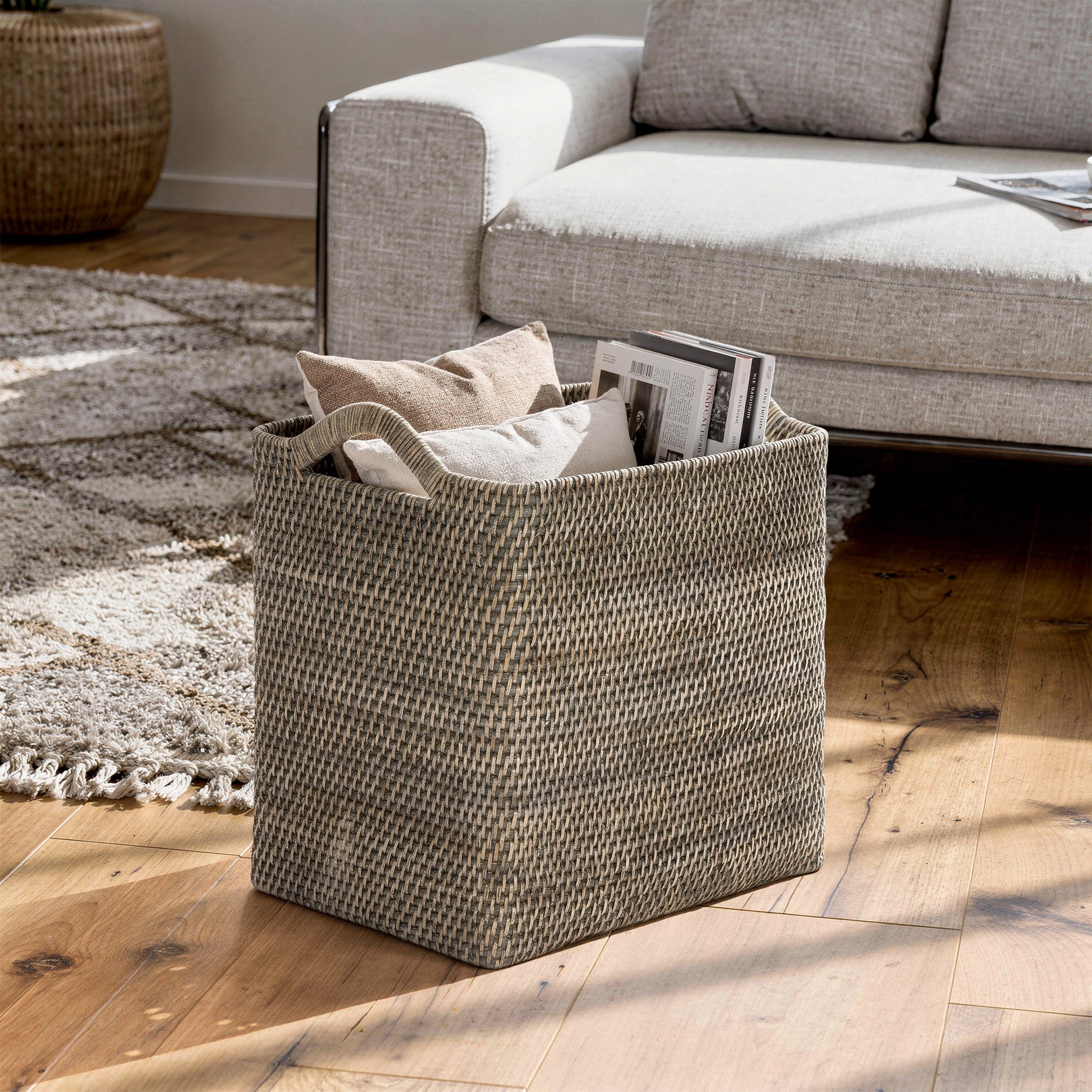 Loma Rectangular Tall Decorative Rattan Storage Basket with Ear Handles, Small, Black Wash