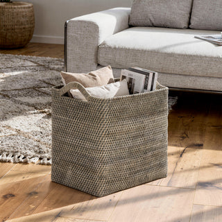 Loma Rectangular Tall Decorative Rattan Storage Basket with Ear Handles, Small, Black Wash