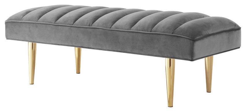 53" Light Gray And Gold Upholstered Velvet Bench