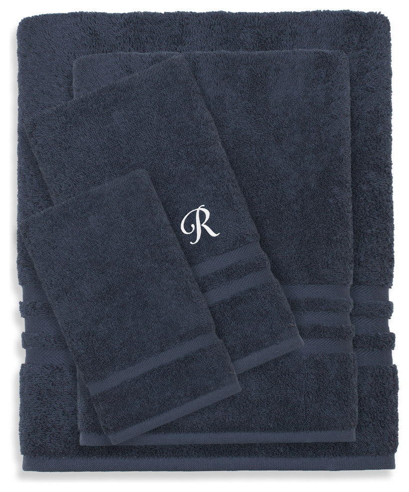 Denzi 4-Piece Towel Combination Set With Monogrammed Letter, R, Twilight Blue