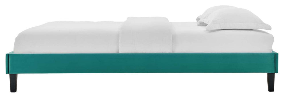 Platform Bed Frame, Queen Size, Velvet, Teal Blue, Modern Contemporary, Bedroom