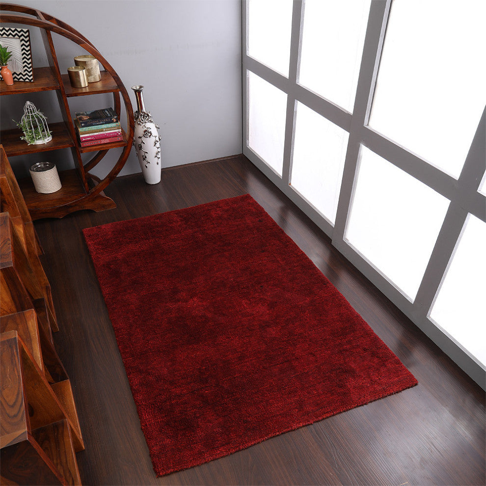 HAND KNOTTED LOOM SILK ECO-FRIENDLY AREA RUGS-Runner,Red Color,Solid Design, [Rectangle] 8'x10'