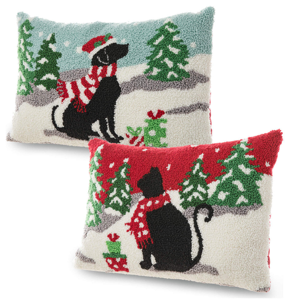 18"L Hooked Christmas Pillow Throw Xmas Pillows, Cat & Dog, 2-Piece Set