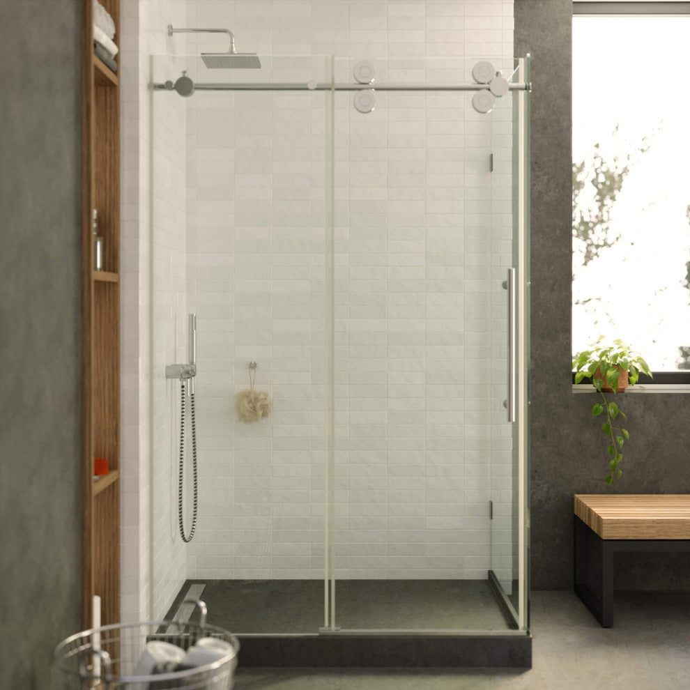 Frameless Shower Enclosure Sliding Shower Glass Door - Tempered Glass, Polished Chrome, 48"