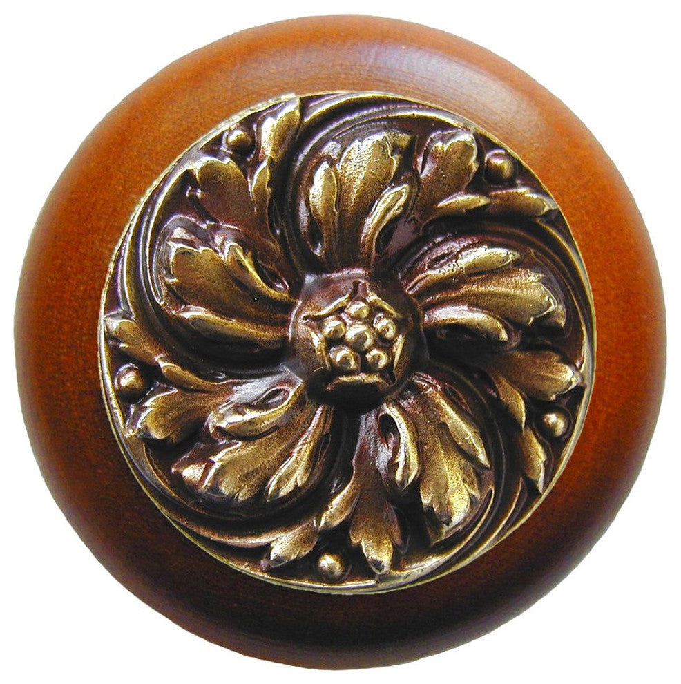 Chrysanthemum Cherry Wood Knob, Antique-Style Brass
