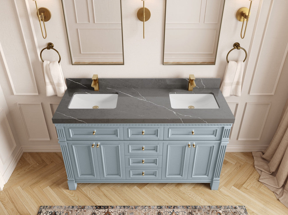 Paris 60" Double Sink Bathroom Vanity, Blue Heather 2" Piatra Gray