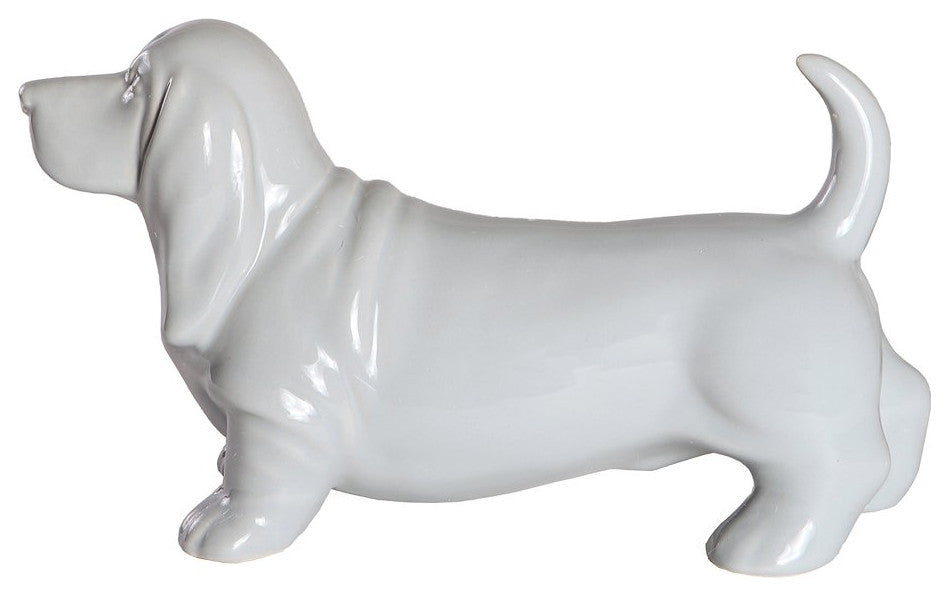 Standing Basset Hound Ceramic Statue, Shiny Grey