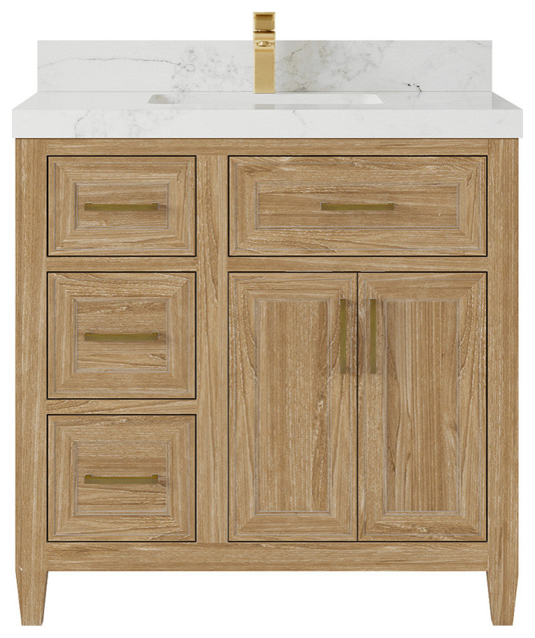 Santa Monica 36 Center Sink Bath Vanity in Whitewashed Teak 2" Calacatta Nuvo
