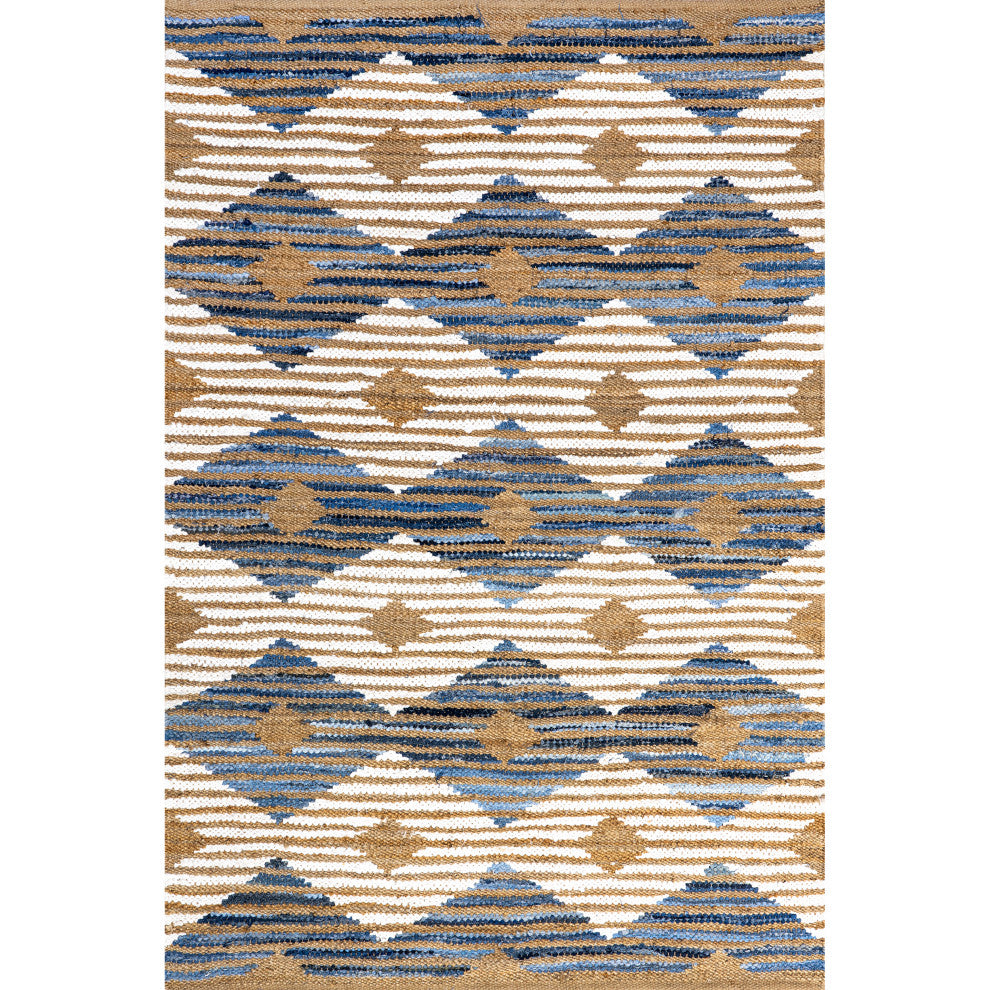 Nuloom Hand Braided Denim and Jute Striped Diamonds Area Rug, Off White 4'x6'