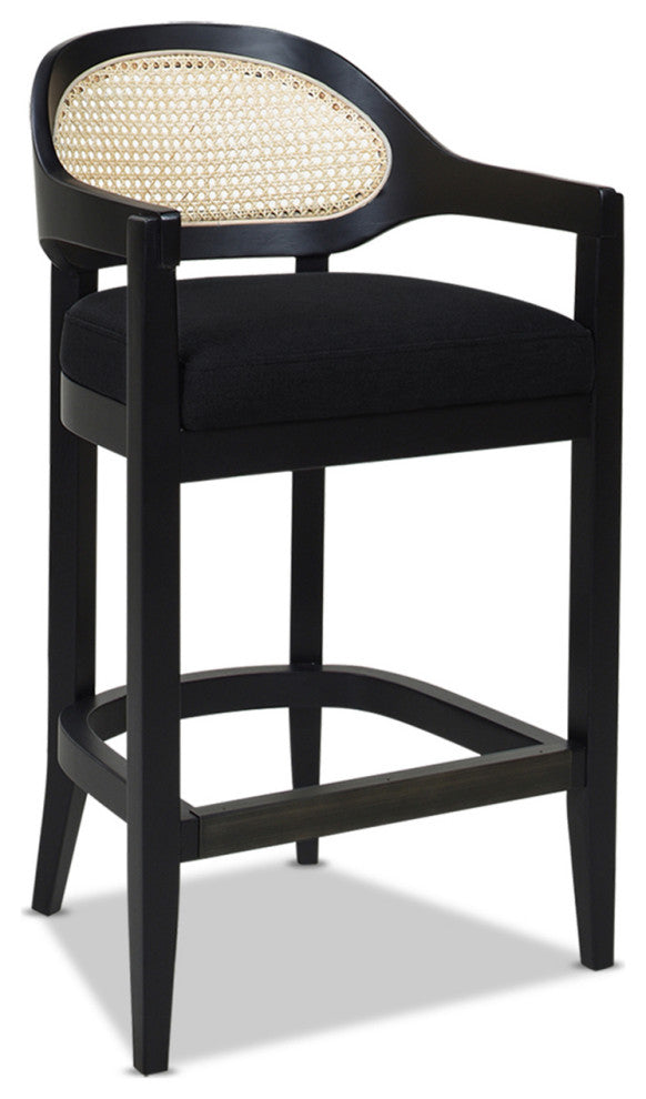 Americana Mid-Century Modern Rattan Cane Back Stool, Jet Black Woven, 26" Counter Height