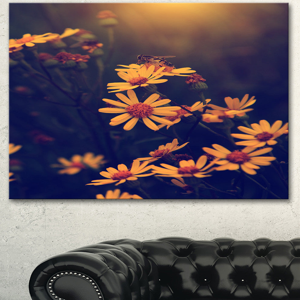 Vintage White Wild Flowers and Bee, Large Floral Canvas Art Print, 60"x28"