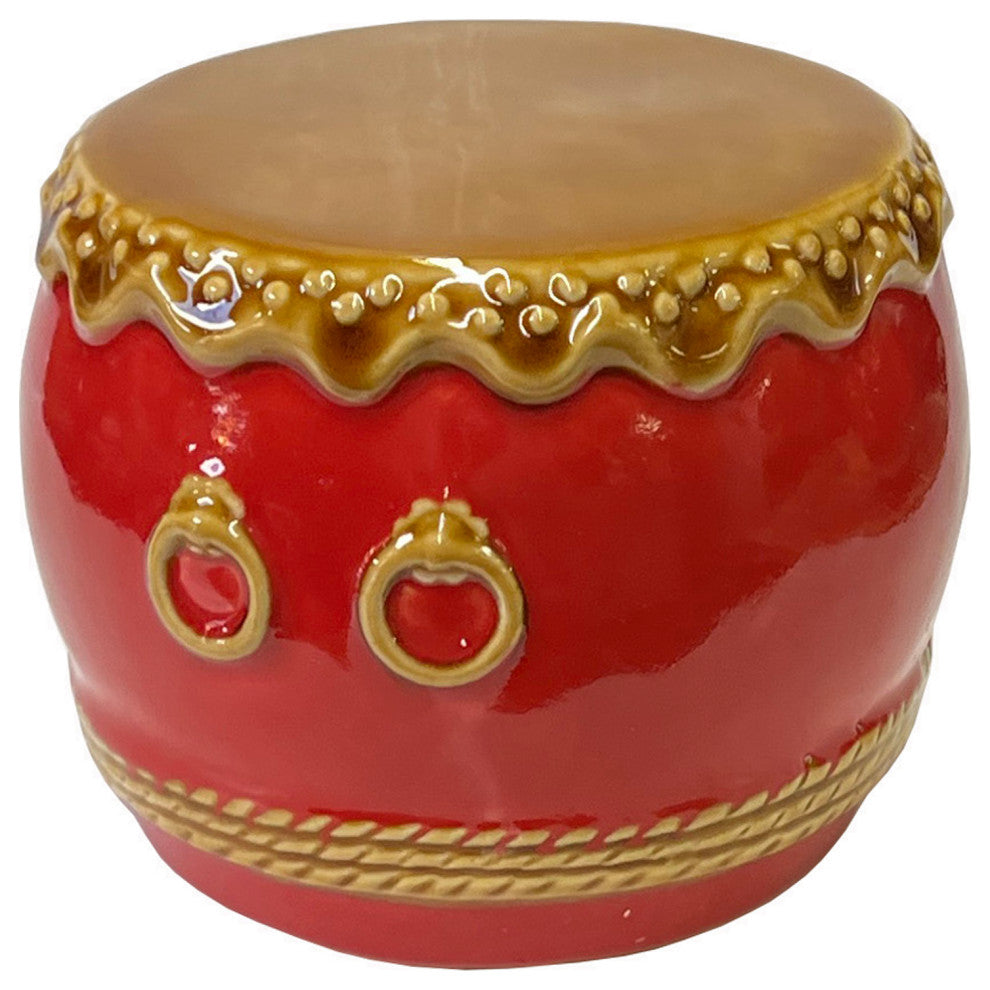 Chinese Red Ceramic Small Traditional Drum Shape Display Hws3071