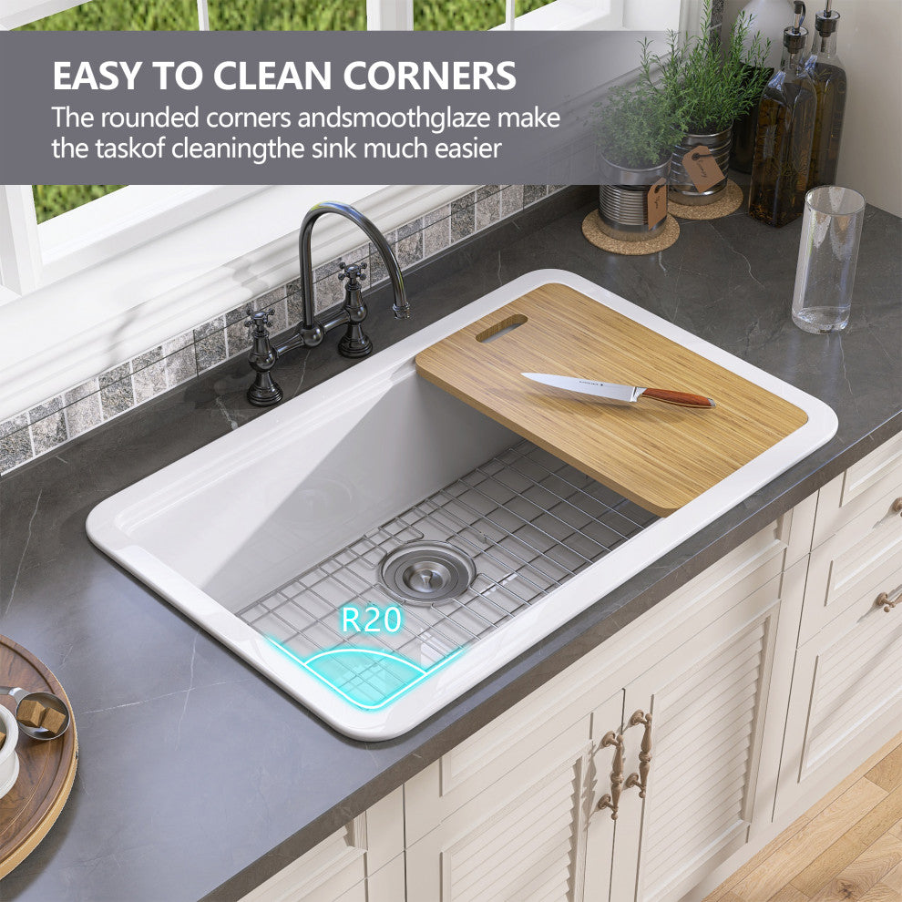 33"Lx22"W Drop-in/Undermount Farmhouse Fireclay Kitchen Sink With Accessories