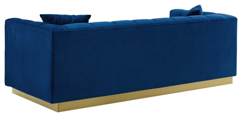 Modern Designer Lounge Lobby Sofa, Velvet Fabric Metal Steel, Navy Blue
