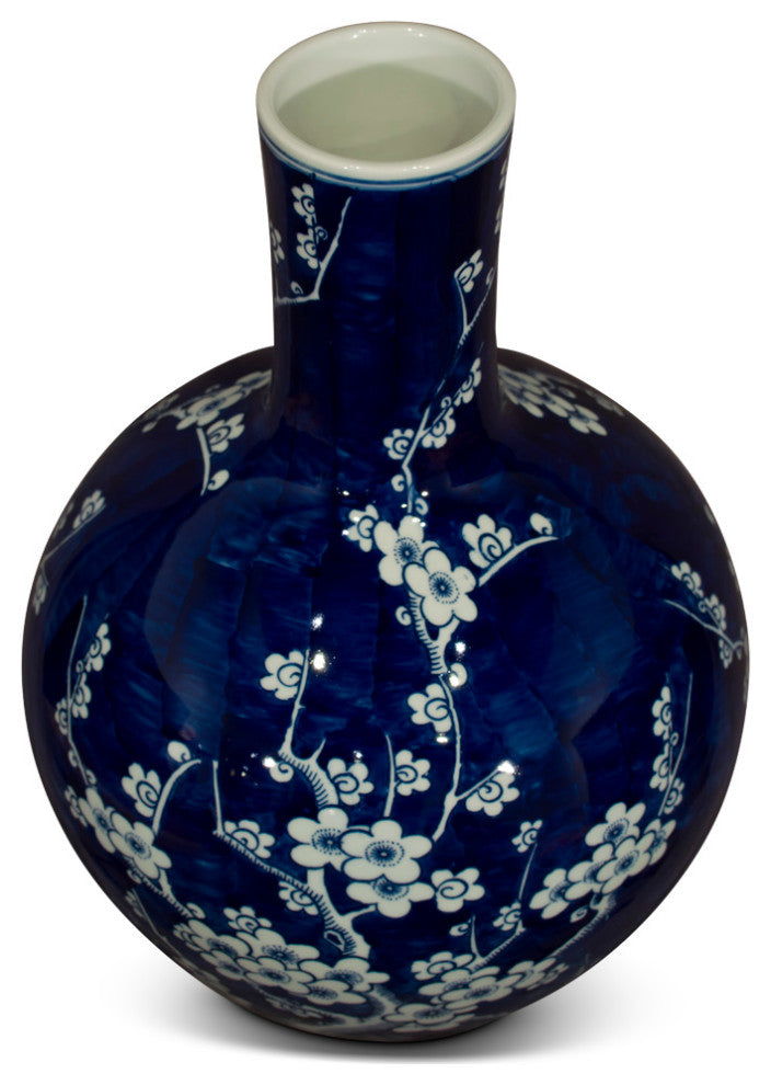 Blue and White Cherry Blossom Flower Motif Chinese Porcelain Temple Vase