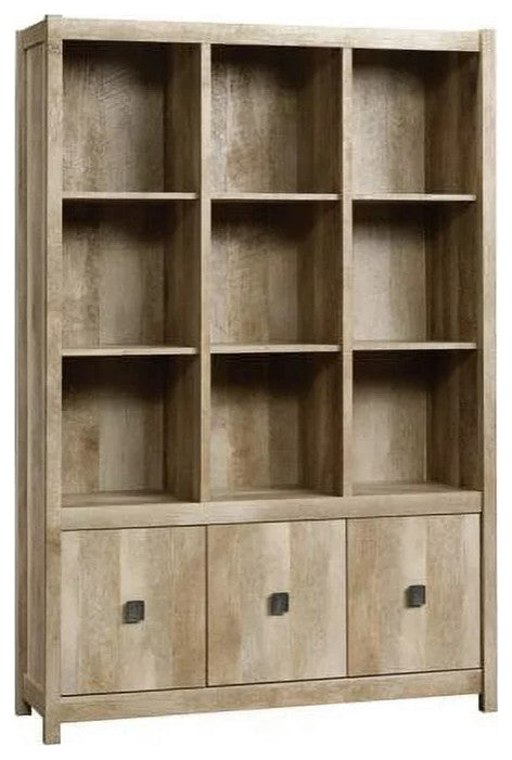 Modern Bookcase, 9 Open Cubies & Lower Cabinet With Pull Handles, Lintel Oak