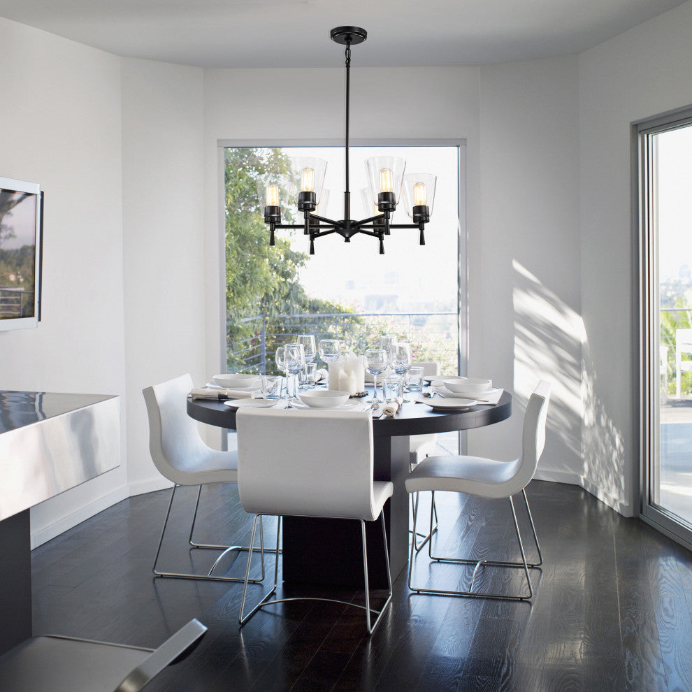 6-Light Matte Black Modern Chandelier With Clear Cone Glass Shades