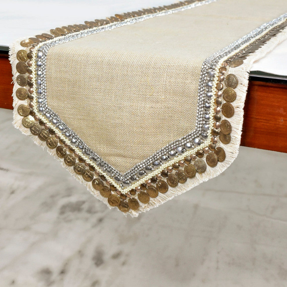 Decorative Table Runner Beige Burlap 14"x60", Lace, Bead, Sequins Marima