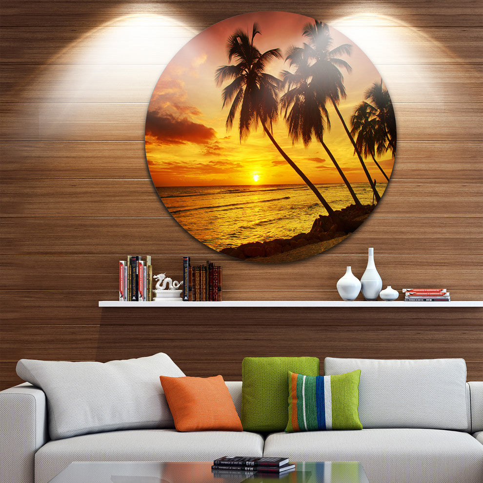 Barbados Island Evening Seashore, Seascape Disc Metal Wall Art, 11"