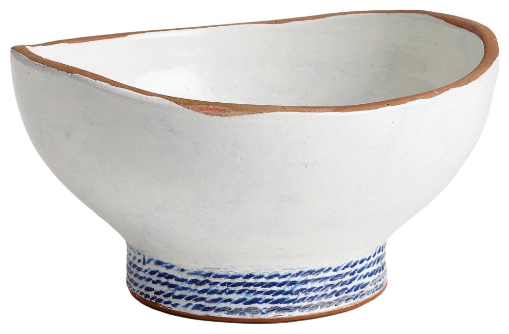 Coastal Blue White Rope Stripe Decorative Bowl Grecian Rustic Clay Ceramic
