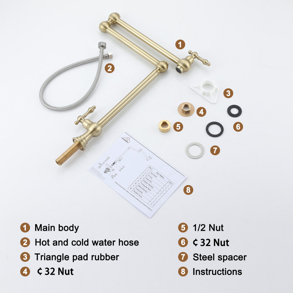Deck-Mounted Double Handle Pot Filler Kitchen Faucet Stove Faucet, Brushed Gold