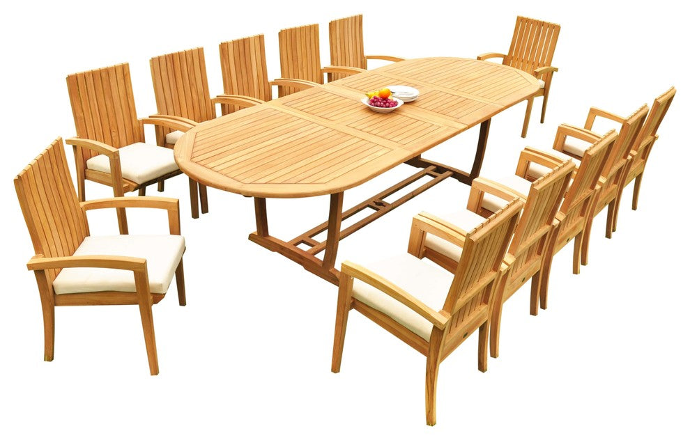 13-Piece Outdoor Teak Dining: 117" Masc Oval Table, 12 Goa Stacking Arm Chairs