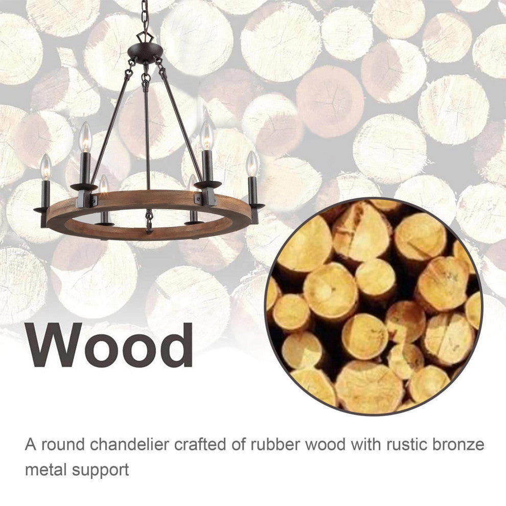 LNC 6-Light Farmhouse Distressed Wood Candle-Style Wagon Wheel Chandelier