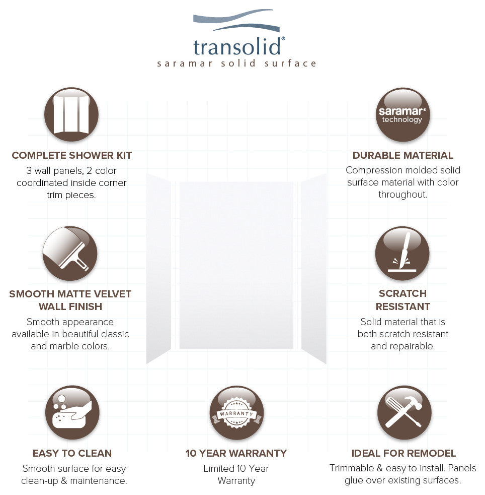 Transolid SaraMar 48"x36"x72" 3-Piece Shower Wall Kit, White Velvet