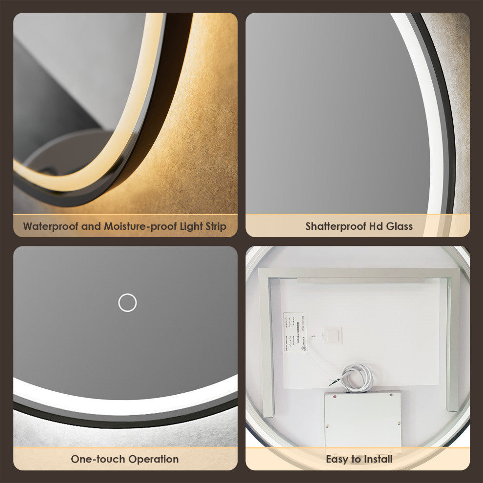 Palme Round Framed Bathroom/Vanity LED Lighted Wall Mirror, Matte Black, 32"