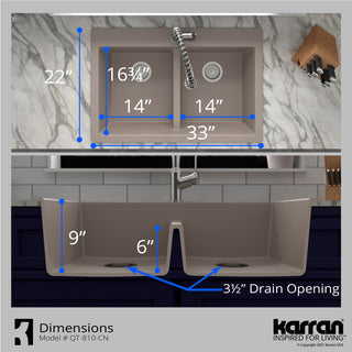 Karran 33" Top Mount Double Equal Bowl Quartz Kitchen Sink, Concrete