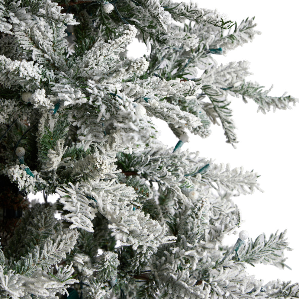 9.5' Slim Flocked Nova Scotia Spruce Faux Xmas Tree W/Lights & Bendable Branches