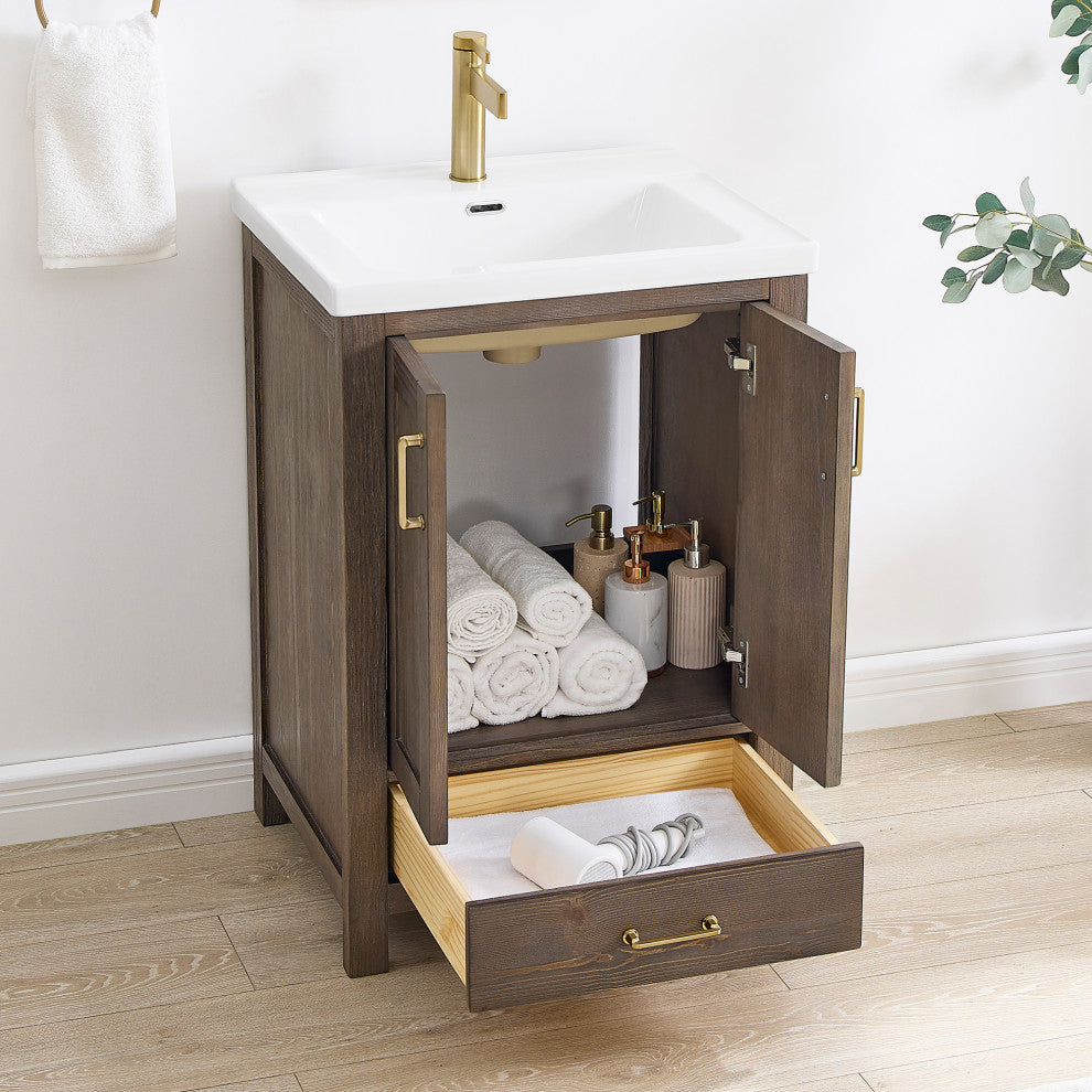 Gela Single Bath Vanity with Ceramic Basin Top, Spruce Vintage Brown, 24", No Mirror