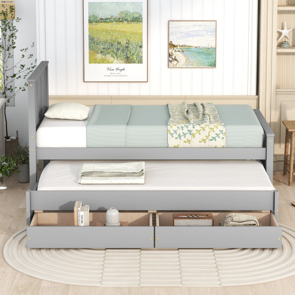 Gewnee Twin Size Platform Bed with Trundle and Drawers, Gray