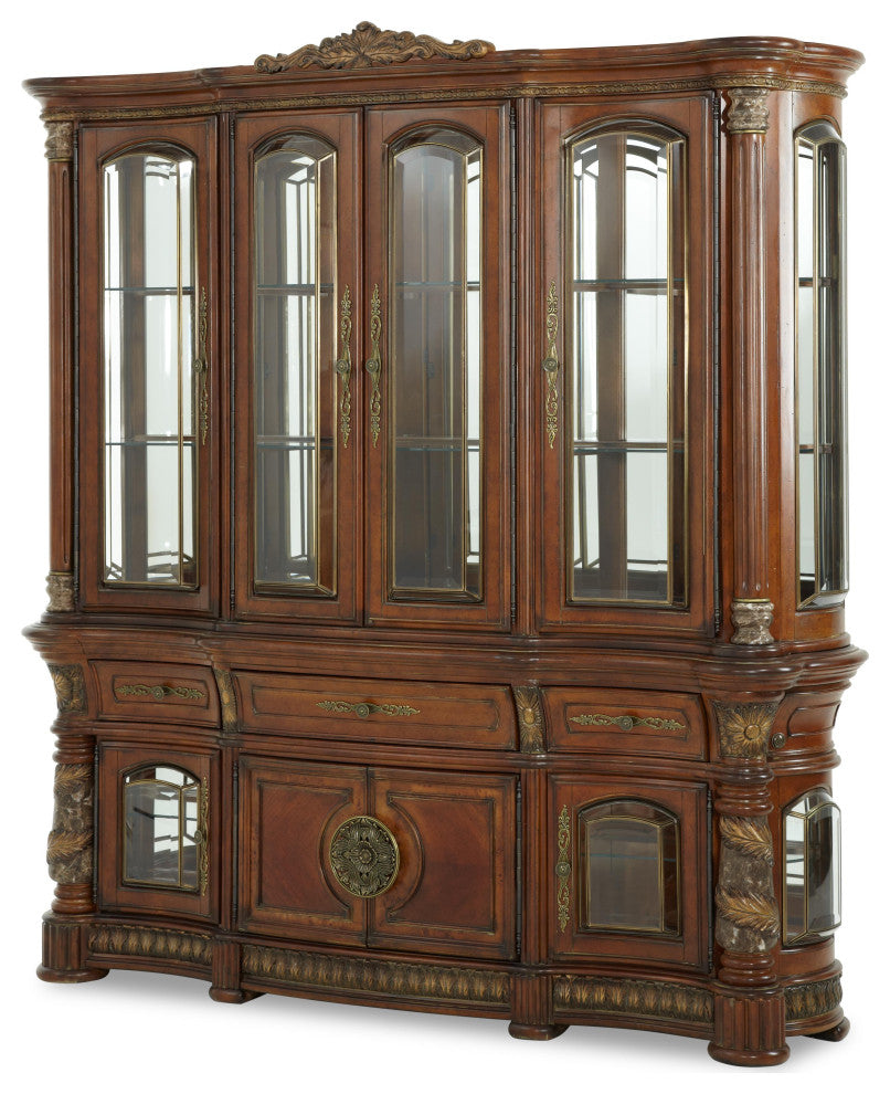 Villa Valencia Wood China Cabinet with Lighting, Classic Chestnut