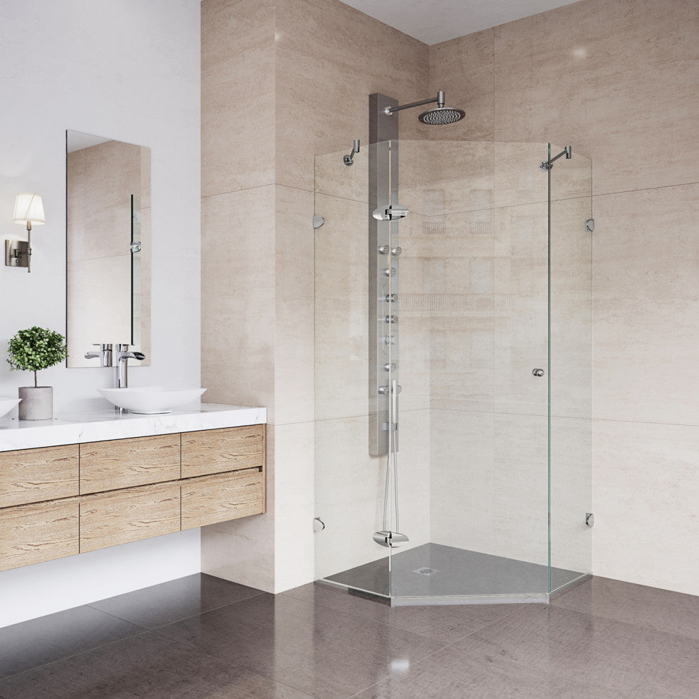VIGO Verona 36"D x 36"W x 73"H Frameless Hinged Neo-Angle Shower Enclosure, Brushed Nickel, Without Base