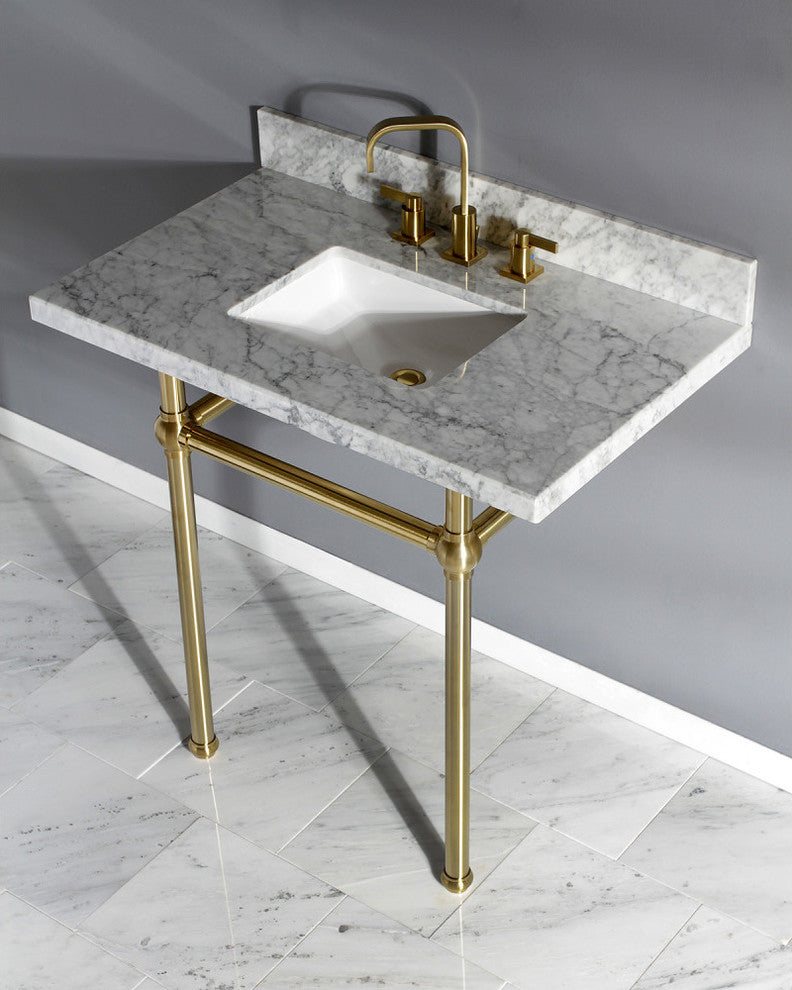 36X22 Marble Vanity Top w/Brass Console Legs, Carrara Marble/Brushed Brass