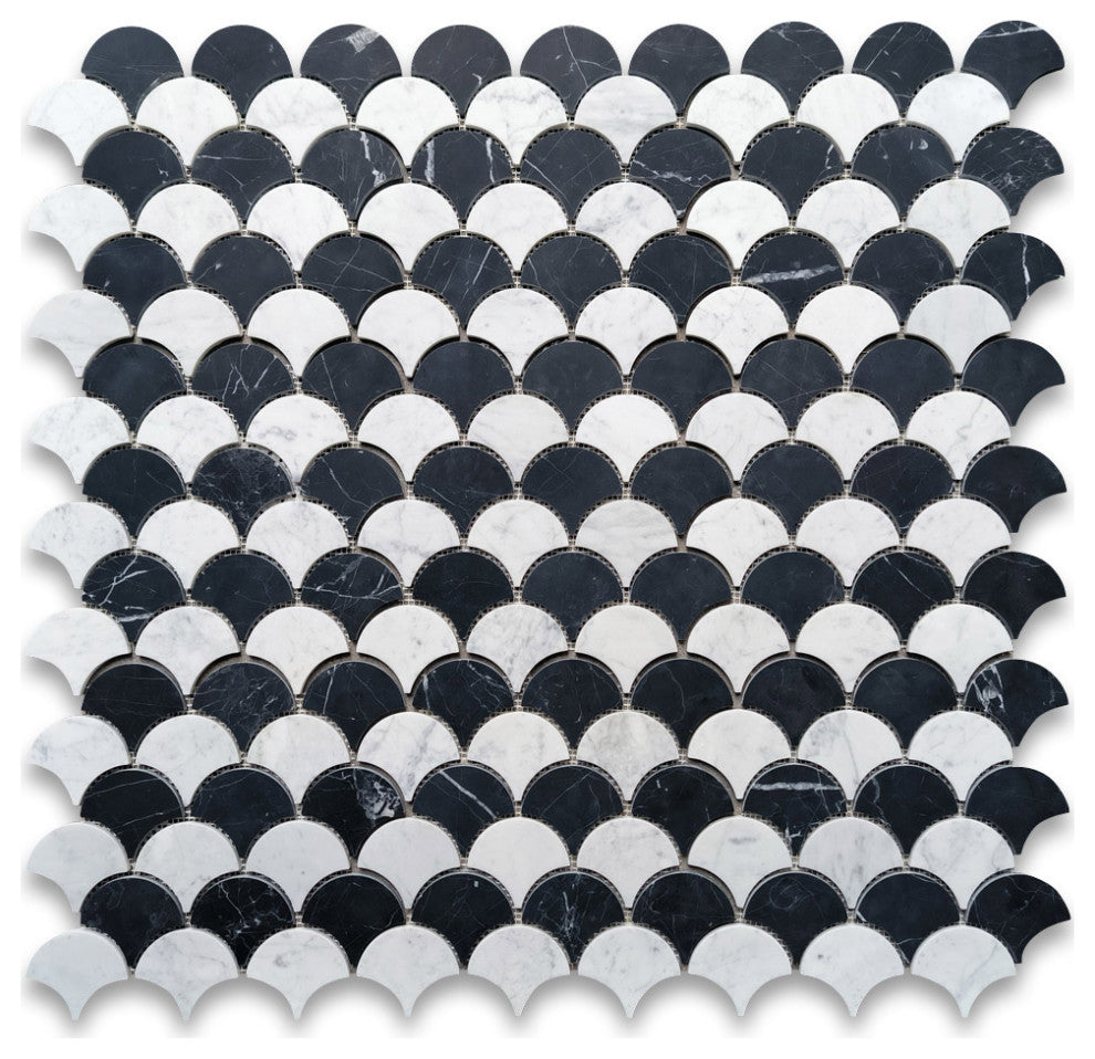 Carrara White Nero Marquina Black Marble Fish Scale Fan Mosaic Tile, 1 sheet