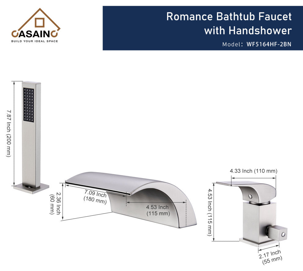 CASAINC Roman Tub Luxury Waterfall Faucet Set Spout w Hand Shower, Brushed Nickel