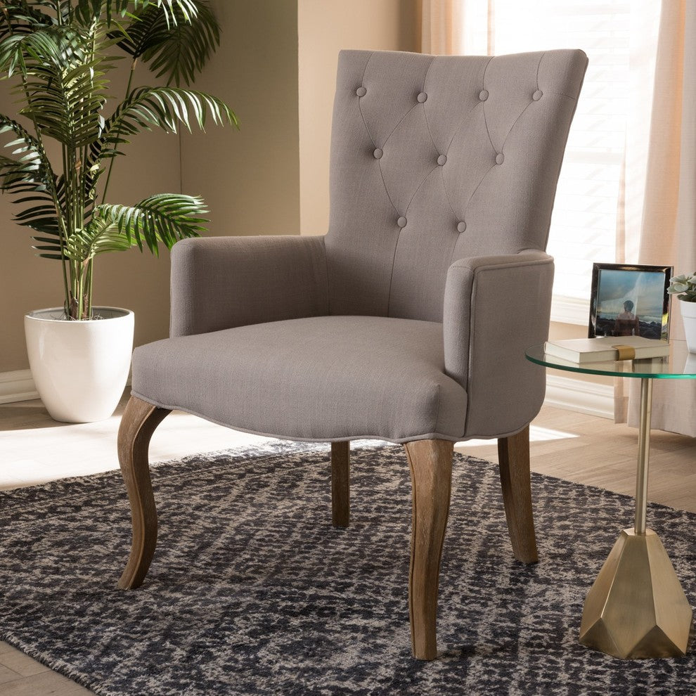 Clotille French Provincial Beige Fabric Upholstered Whitewashed Oak Lounge Chair