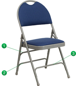 2 Pack HERCULES Extra Large Triple Braced Folding Chair with Easy-Carry Handle, Navy Fabric/Gray Frame