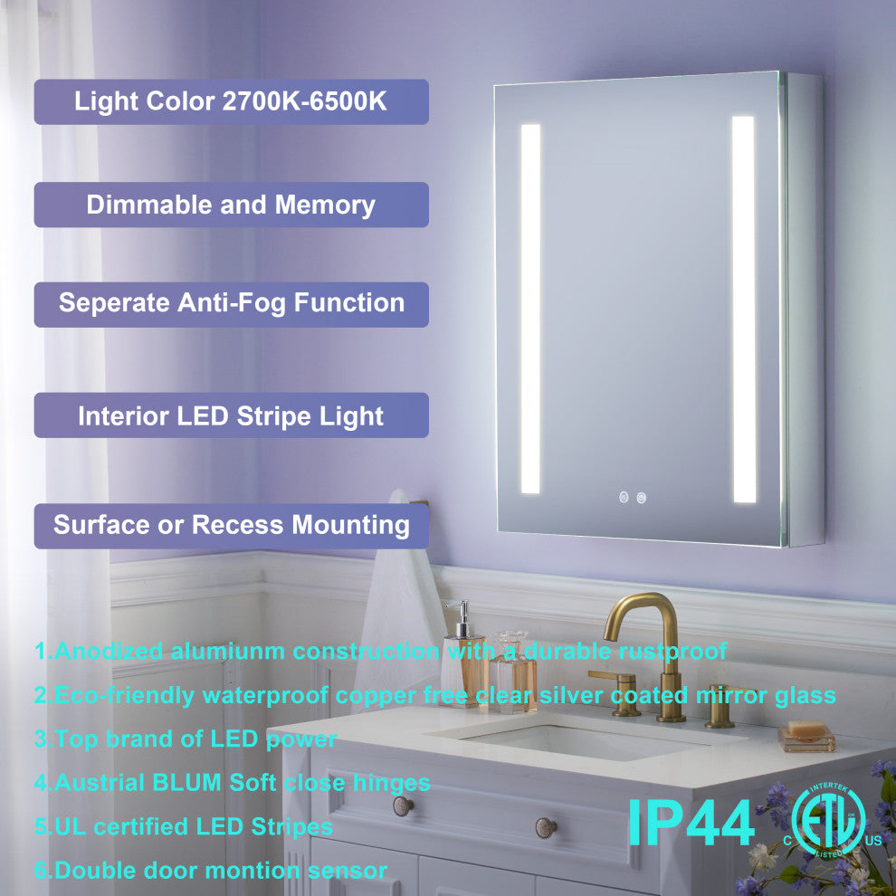Recessed/Surface Mount LED Medicine Cabinet Mirror with Defogger, 24"x30" Right Hinge