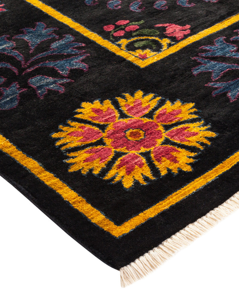 Suzani, One-of-a-Kind Hand-Knotted Area Rug Black, 9'1"x11'4"