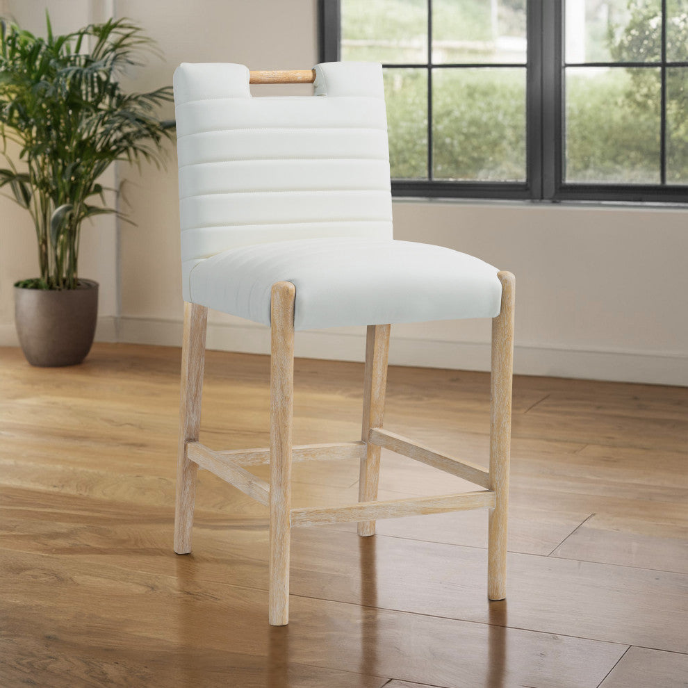 Aimee Upholstered Counter Stool, Cream, Vegan Leather, Natural Oak Finish