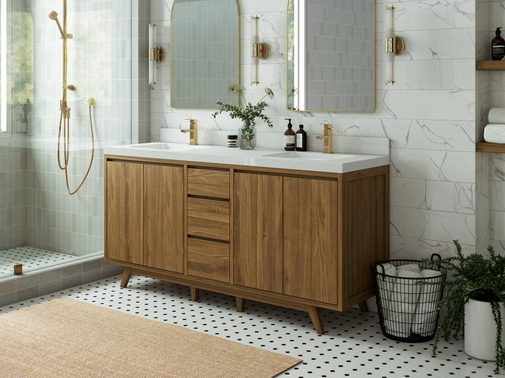 Madison Teak 72 Double Sink Bath Vanity in Dark Natural 2" White Quartz